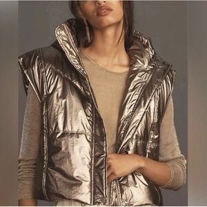 Daily Practice by Anthropologie Metallic Hooded Puffer Vest Copper Women's M